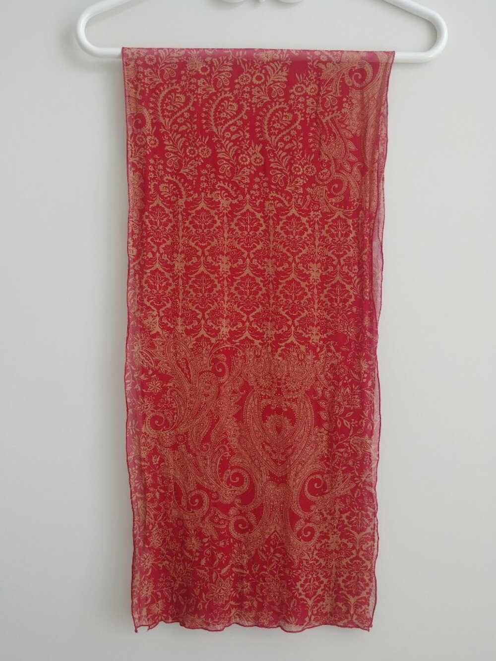 Long skinny silk scarf filmy with red pattern